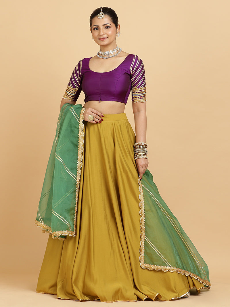 Jhalak Anisha 4-Pc Lehenga Set x Tyohaar | Mustard Lehenga, Purple Blouse with Panna Emerald Green Dupatta and Cancan Skirt-Binks