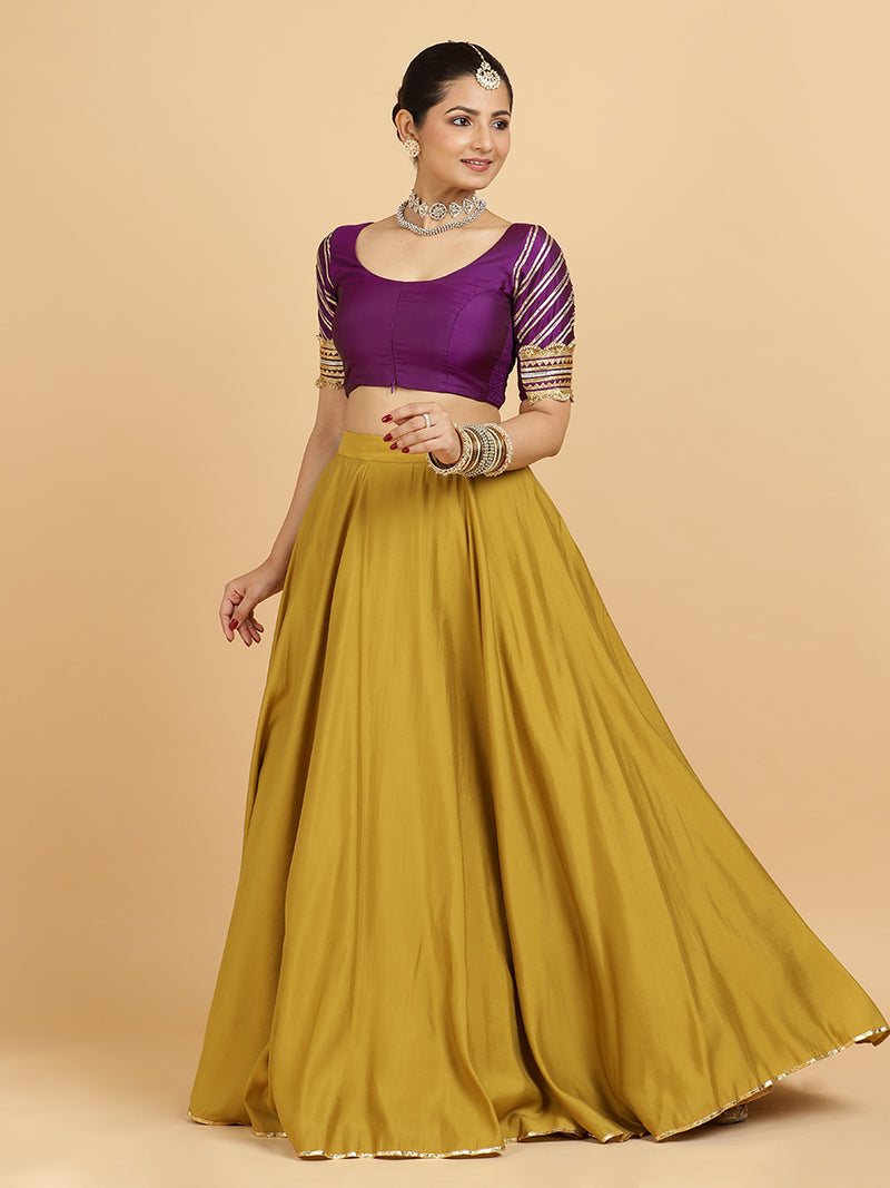 Jhalak Anisha 4-Pc Lehenga Set x Tyohaar | Mustard Lehenga, Purple Blouse with Panna Emerald Green Dupatta and Cancan Skirt-Binks