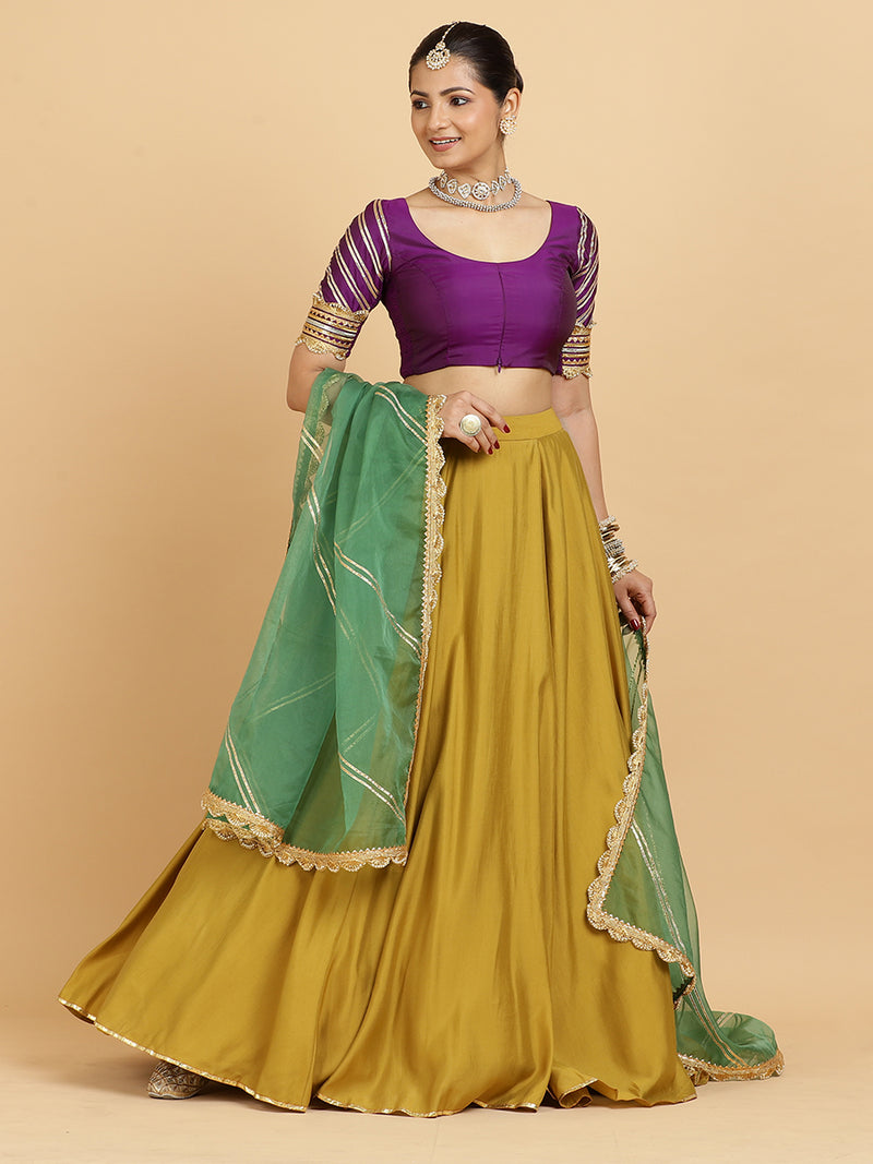 Jhalak Anisha 4-Pc Lehenga Set x Tyohaar | Mustard Lehenga, Purple Blouse with Panna Emerald Green Dupatta and Cancan Skirt-Binks