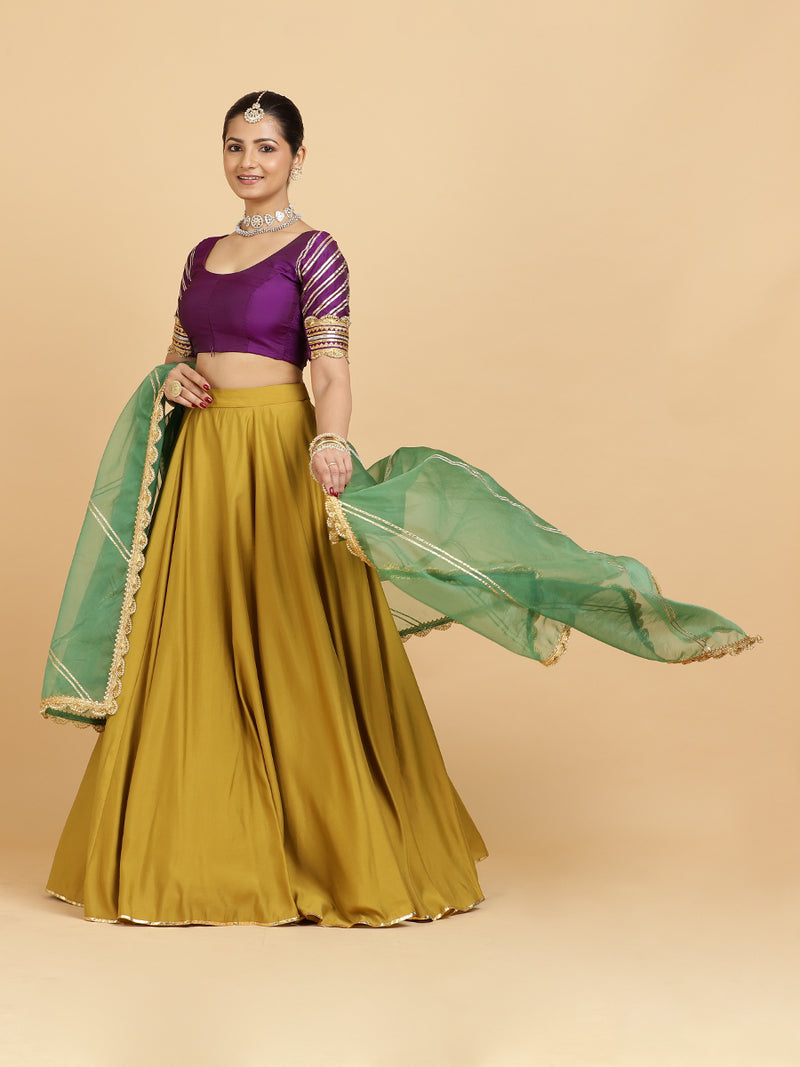 Jhalak Anisha 4-Pc Lehenga Set x Tyohaar | Mustard Lehenga, Purple Blouse with Panna Emerald Green Dupatta and Cancan Skirt-Binks