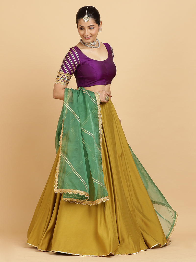 Jhalak Anisha 4-Pc Lehenga Set x Tyohaar | Mustard Lehenga, Purple Blouse with Panna Emerald Green Dupatta and Cancan Skirt-Binks