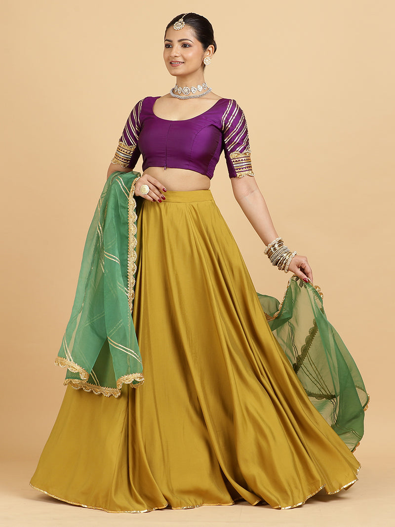 Jhalak Anisha 4-Pc Lehenga Set x Tyohaar | Mustard Lehenga, Purple Blouse with Panna Emerald Green Dupatta and Cancan Skirt-Binks