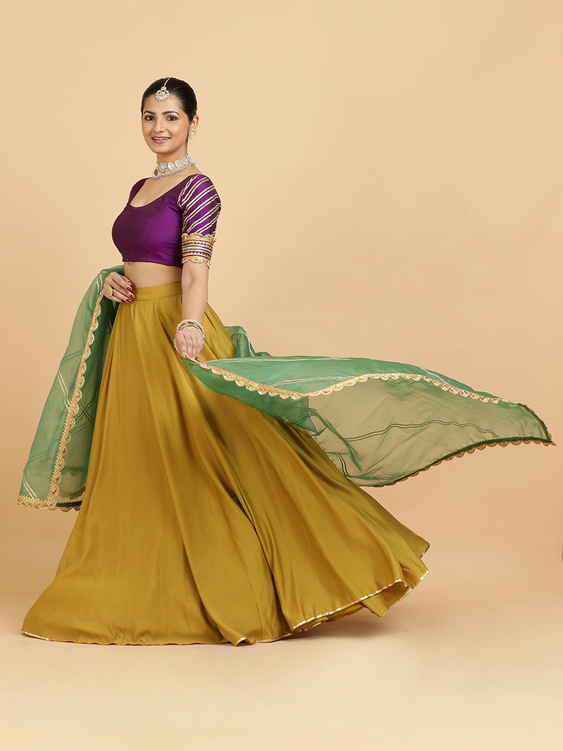 Jhalak Anisha 4-Pc Lehenga Set x Tyohaar | Mustard Lehenga, Purple Blouse with Panna Emerald Green Dupatta and Cancan Skirt-Binks