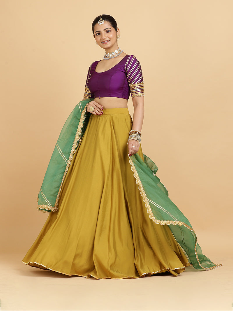 Jhalak Anisha 4-Pc Lehenga Set x Tyohaar | Mustard Lehenga, Purple Blouse with Panna Emerald Green Dupatta and Cancan Skirt-Binks