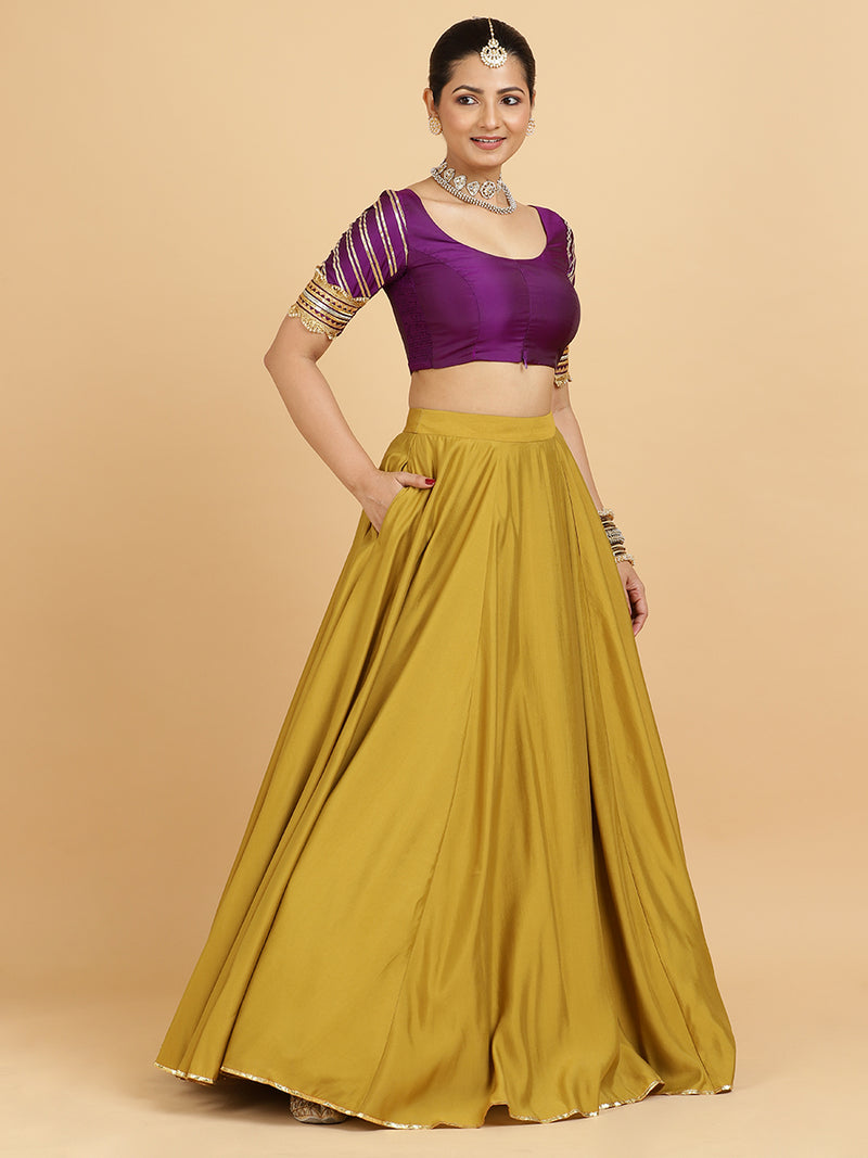 Jhalak Anisha 4-Pc Lehenga Set x Tyohaar | Mustard Lehenga, Purple Blouse with Panna Emerald Green Dupatta and Cancan Skirt-Binks