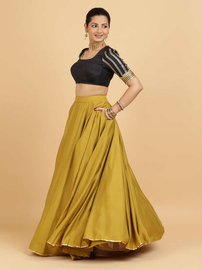 Jhalak Aziza 4-Pc Lehenga Set x Tyohaar | Mustard Lehenga, Charcoal Black Blouse with Chandni Black Dupatta and Cancan Skirt-Binks
