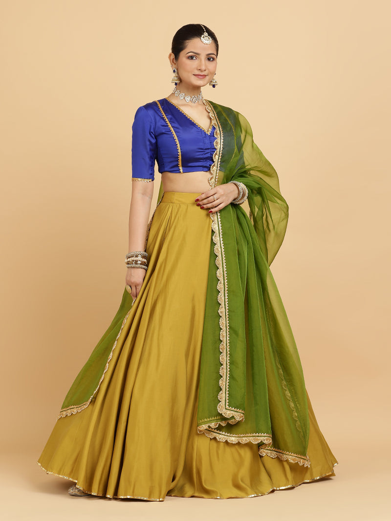 Jhalak Begum 4-Pc Lehenga Set x Tyohaar | Mustard Lehenga, Cobalt Blue Blouse with Heena Olive Green Dupatta and Cancan Skirt-Binks