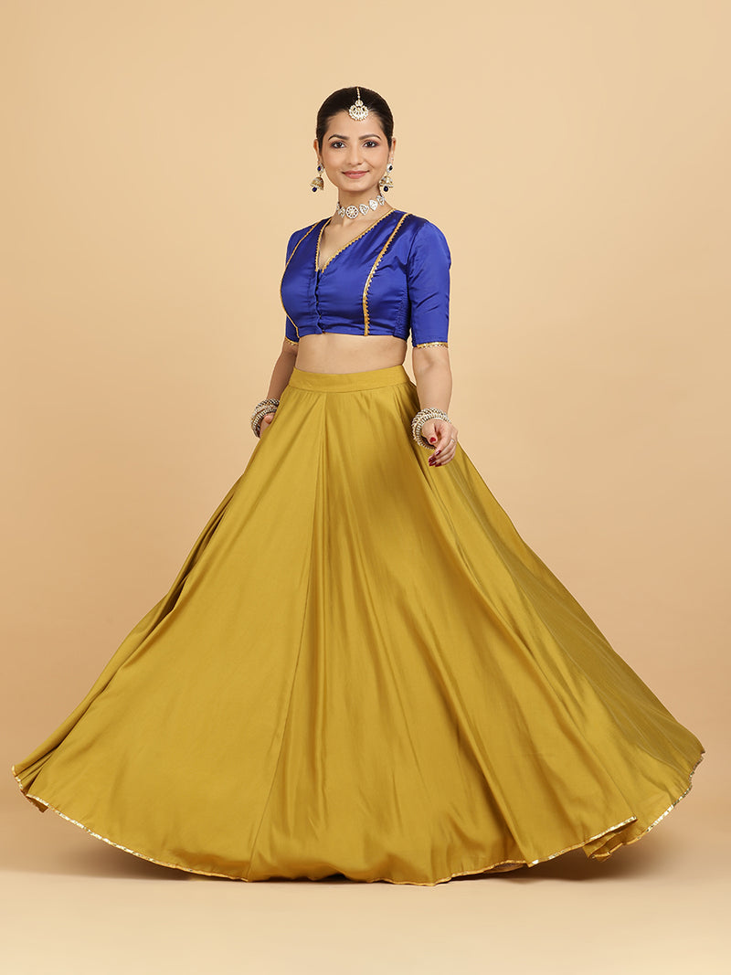 Jhalak Begum 4-Pc Lehenga Set x Tyohaar | Mustard Lehenga, Cobalt Blue Blouse with Heena Olive Green Dupatta and Cancan Skirt-Binks