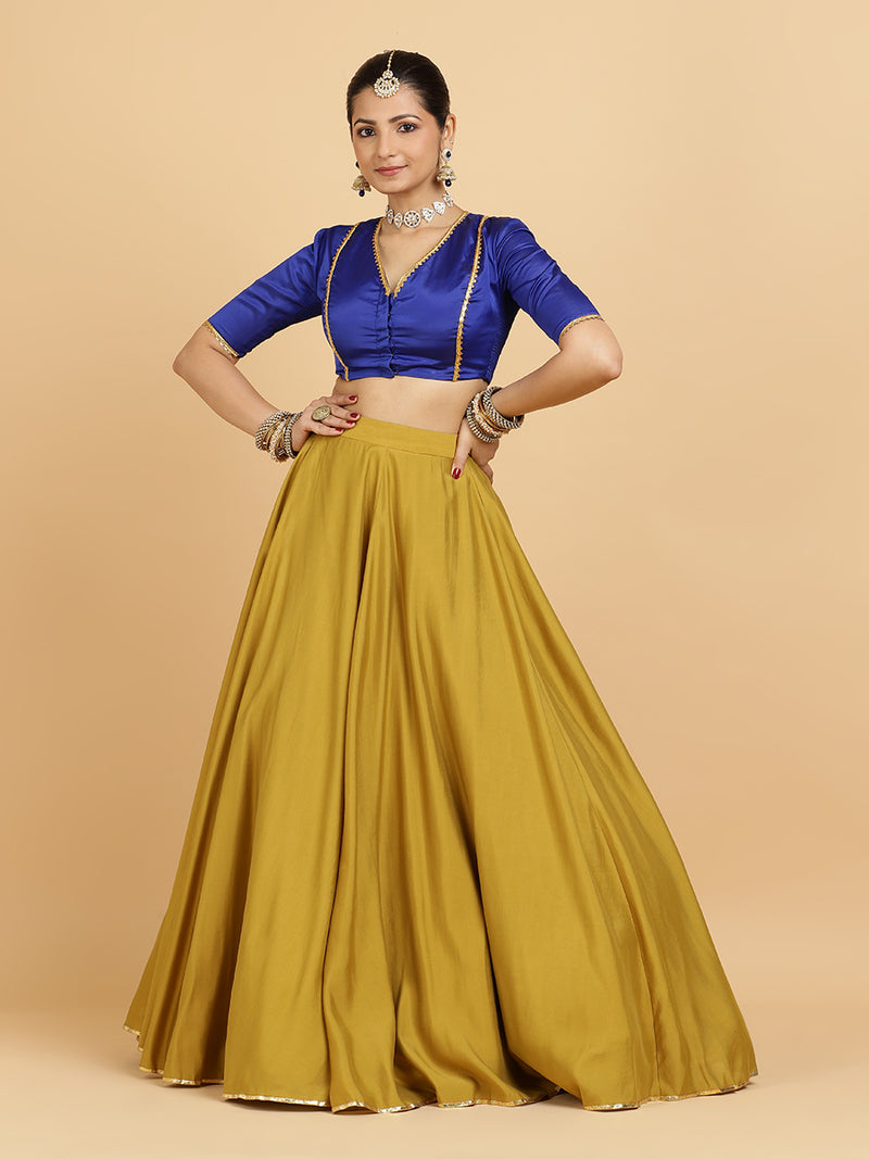 Jhalak Begum 4-Pc Lehenga Set x Tyohaar | Mustard Lehenga, Cobalt Blue Blouse with Heena Olive Green Dupatta and Cancan Skirt-Binks