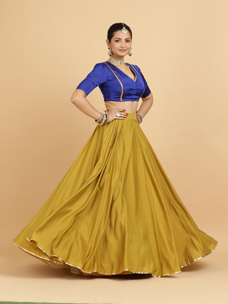 Jhalak Begum 4-Pc Lehenga Set x Tyohaar | Mustard Lehenga, Cobalt Blue Blouse with Heena Olive Green Dupatta and Cancan Skirt-Binks