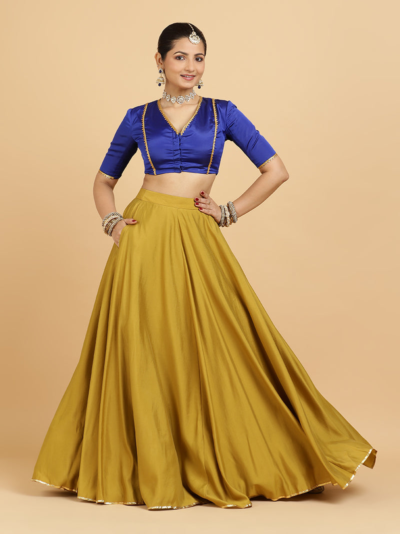 Jhalak Begum 4-Pc Lehenga Set x Tyohaar | Mustard Lehenga, Cobalt Blue Blouse with Heena Olive Green Dupatta and Cancan Skirt-Binks