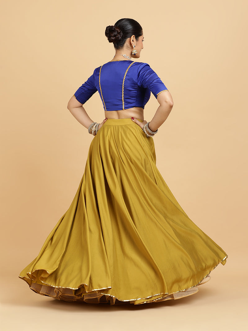 Jhalak Begum 4-Pc Lehenga Set x Tyohaar | Mustard Lehenga, Cobalt Blue Blouse with Heena Olive Green Dupatta and Cancan Skirt-Binks