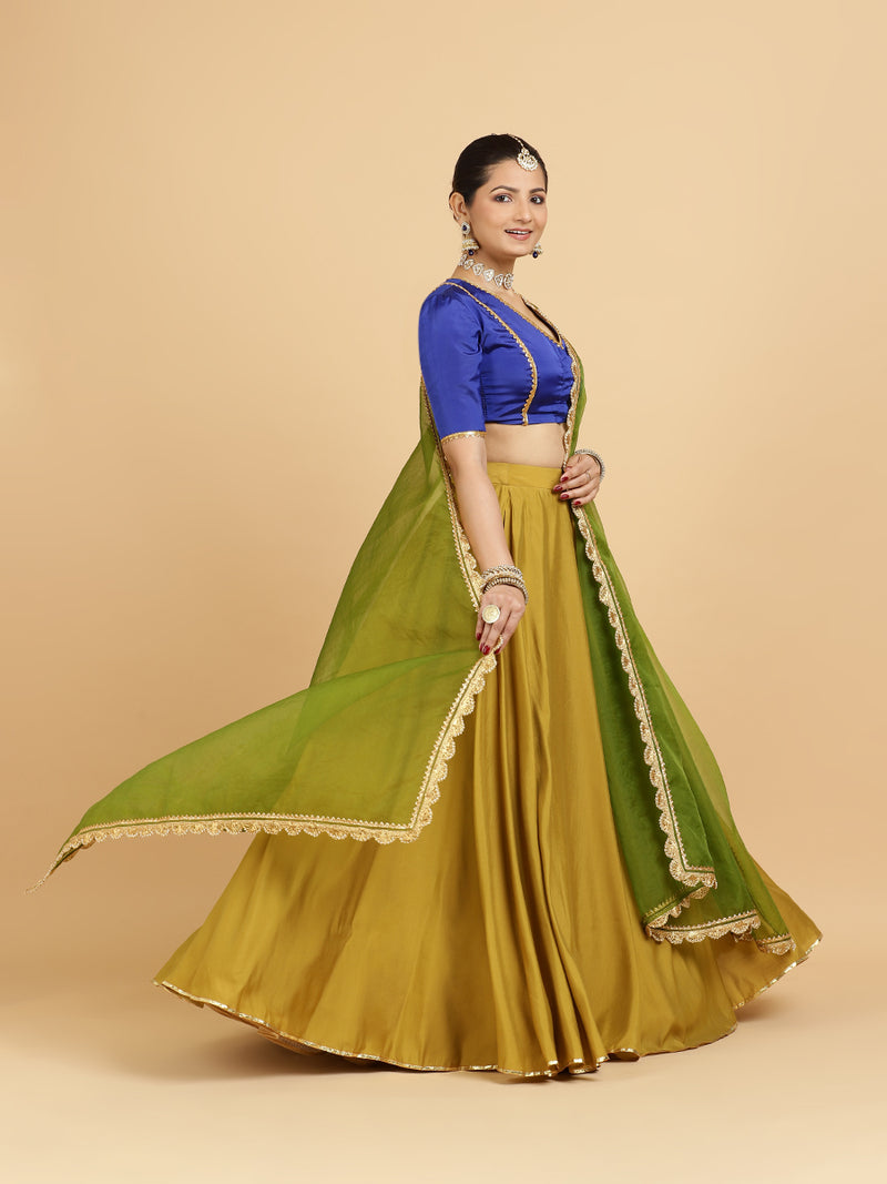 Jhalak Begum 4-Pc Lehenga Set x Tyohaar | Mustard Lehenga, Cobalt Blue Blouse with Heena Olive Green Dupatta and Cancan Skirt-Binks