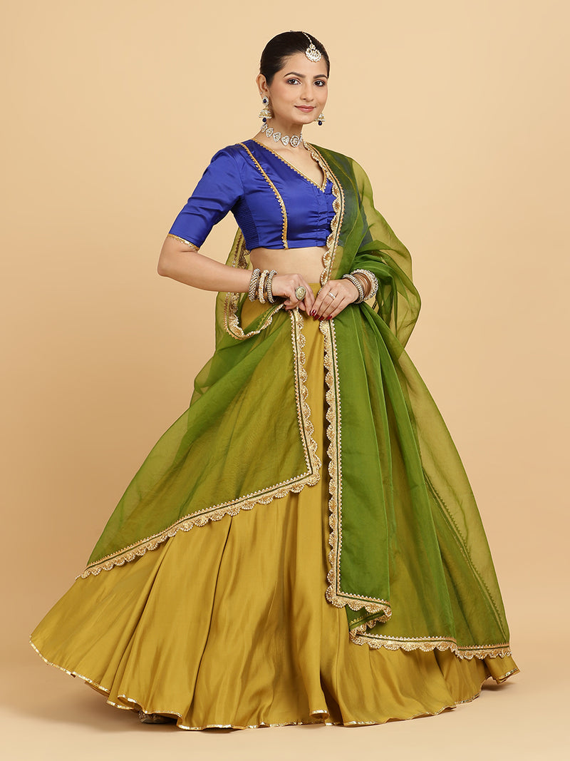 Jhalak Begum 4-Pc Lehenga Set x Tyohaar | Mustard Lehenga, Cobalt Blue Blouse with Heena Olive Green Dupatta and Cancan Skirt-Binks