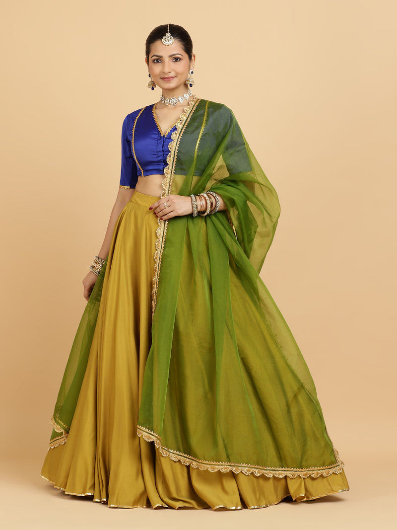 Jhalak Begum 4-Pc Lehenga Set x Tyohaar | Mustard Lehenga, Cobalt Blue Blouse with Heena Olive Green Dupatta and Cancan Skirt-Binks
