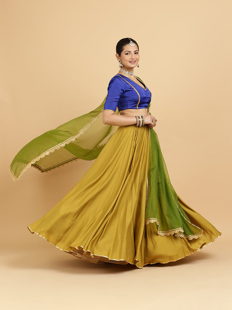 Jhalak Begum 4-Pc Lehenga Set x Tyohaar | Mustard Lehenga, Cobalt Blue Blouse with Heena Olive Green Dupatta and Cancan Skirt-Binks