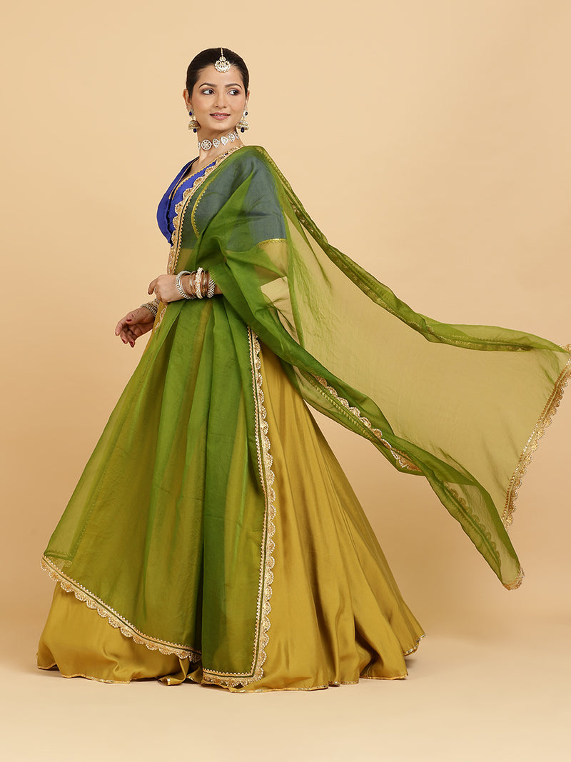 Jhalak Begum 4-Pc Lehenga Set x Tyohaar | Mustard Lehenga, Cobalt Blue Blouse with Heena Olive Green Dupatta and Cancan Skirt-Binks