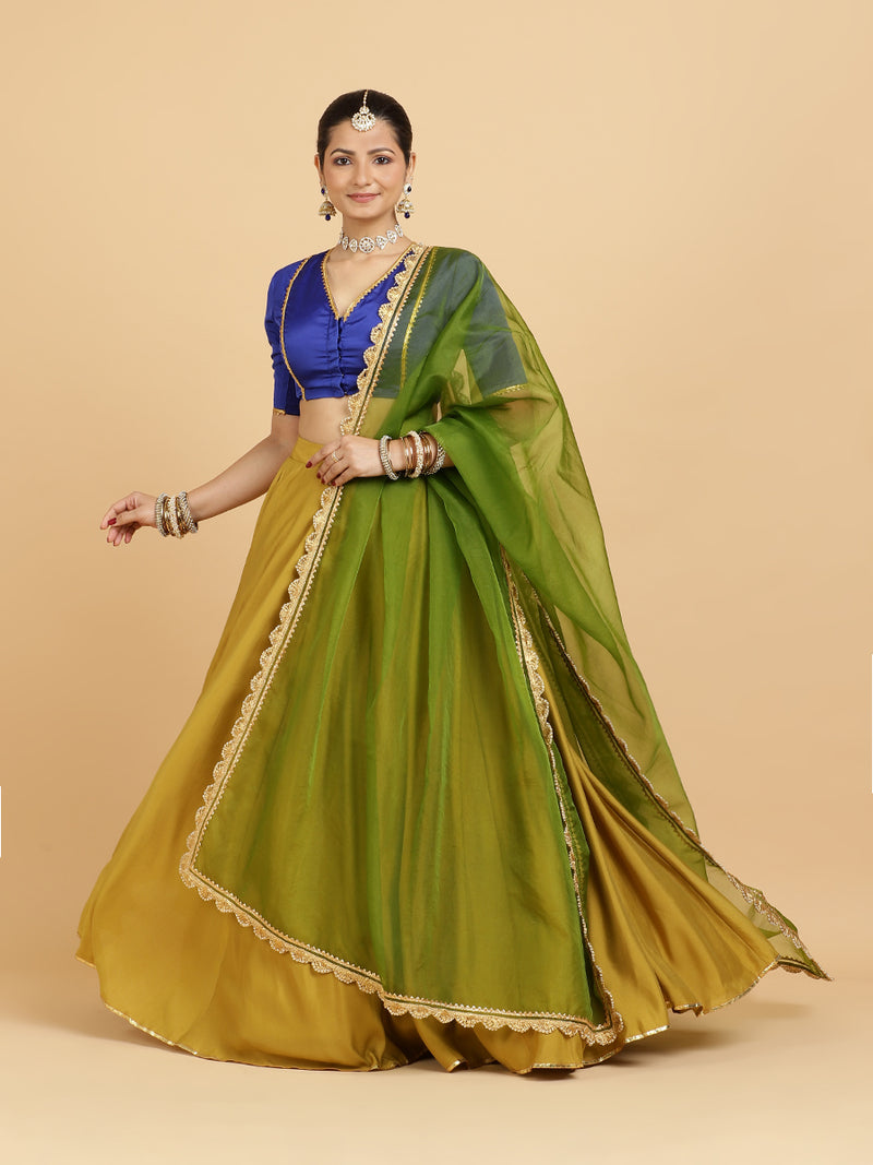 Jhalak Begum 4-Pc Lehenga Set x Tyohaar | Mustard Lehenga, Cobalt Blue Blouse with Heena Olive Green Dupatta and Cancan Skirt-Binks