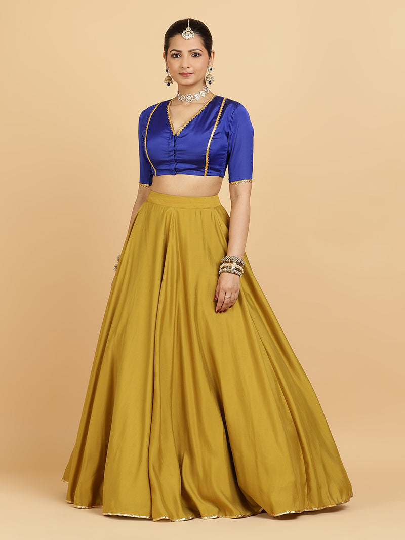 Jhalak Begum 4-Pc Lehenga Set x Tyohaar | Mustard Lehenga, Cobalt Blue Blouse with Heena Olive Green Dupatta and Cancan Skirt-Binks