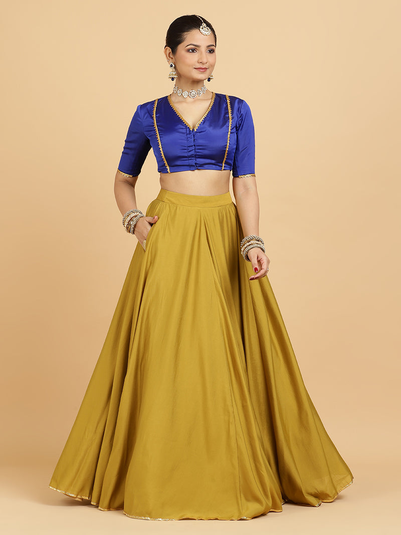 Jhalak Begum 4-Pc Lehenga Set x Tyohaar | Mustard Lehenga, Cobalt Blue Blouse with Heena Olive Green Dupatta and Cancan Skirt-Binks