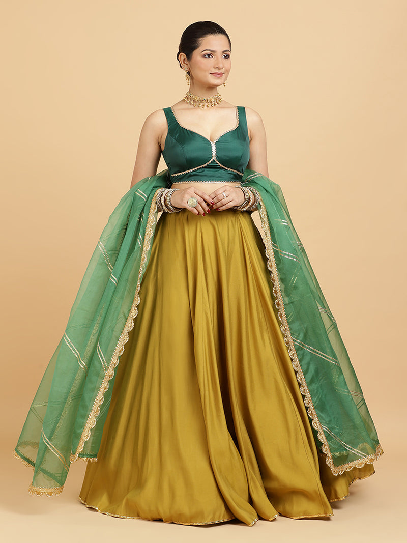 Jhalak Ishika 4-Pc Lehenga Set x Tyohaar | Mustard Lehenga, Bottle Green Blouse with Panna Emerald Green Dupatta and Cancan Skirt-Binks