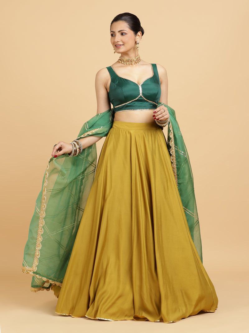 Jhalak Ishika 4-Pc Lehenga Set x Tyohaar | Mustard Lehenga, Bottle Green Blouse with Panna Emerald Green Dupatta and Cancan Skirt-Binks