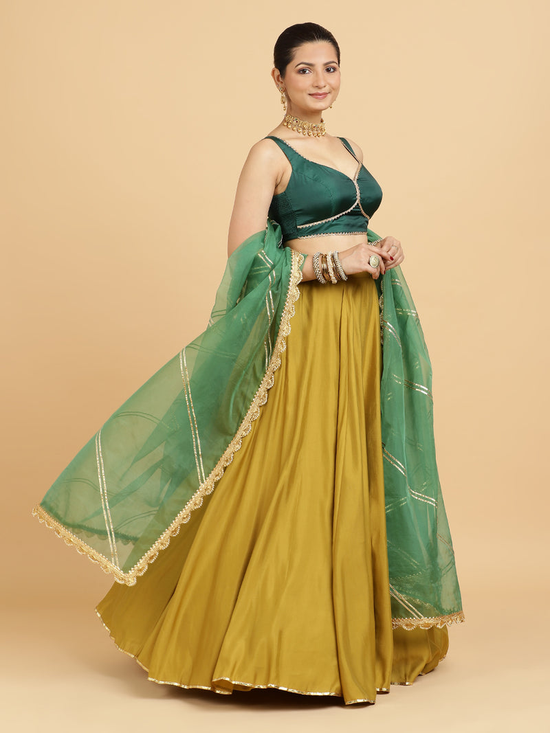 Jhalak Ishika 4-Pc Lehenga Set x Tyohaar | Mustard Lehenga, Bottle Green Blouse with Panna Emerald Green Dupatta and Cancan Skirt-Binks