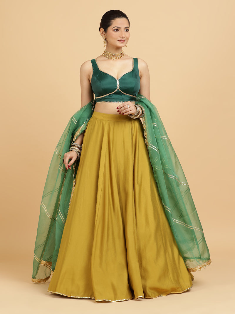 Jhalak Ishika 4-Pc Lehenga Set x Tyohaar | Mustard Lehenga, Bottle Green Blouse with Panna Emerald Green Dupatta and Cancan Skirt-Binks