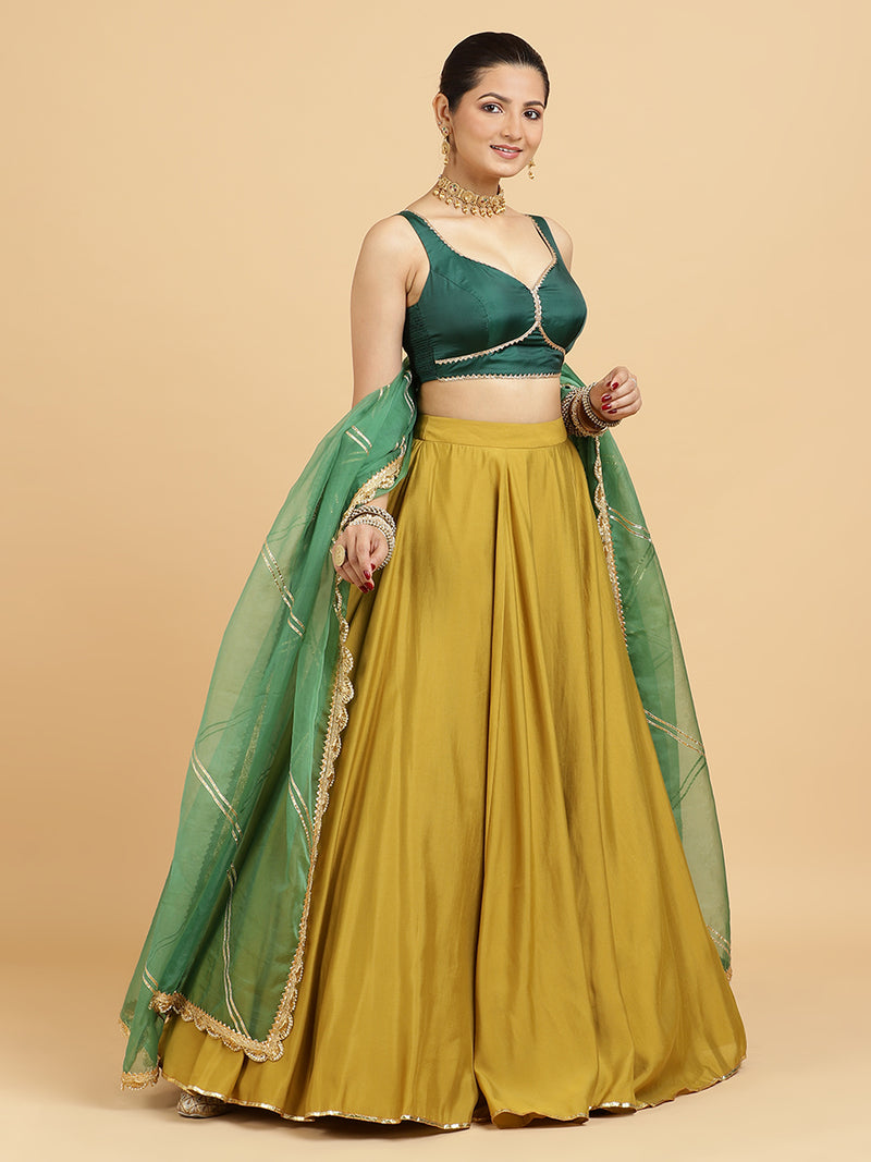 Jhalak Ishika 4-Pc Lehenga Set x Tyohaar | Mustard Lehenga, Bottle Green Blouse with Panna Emerald Green Dupatta and Cancan Skirt-Binks