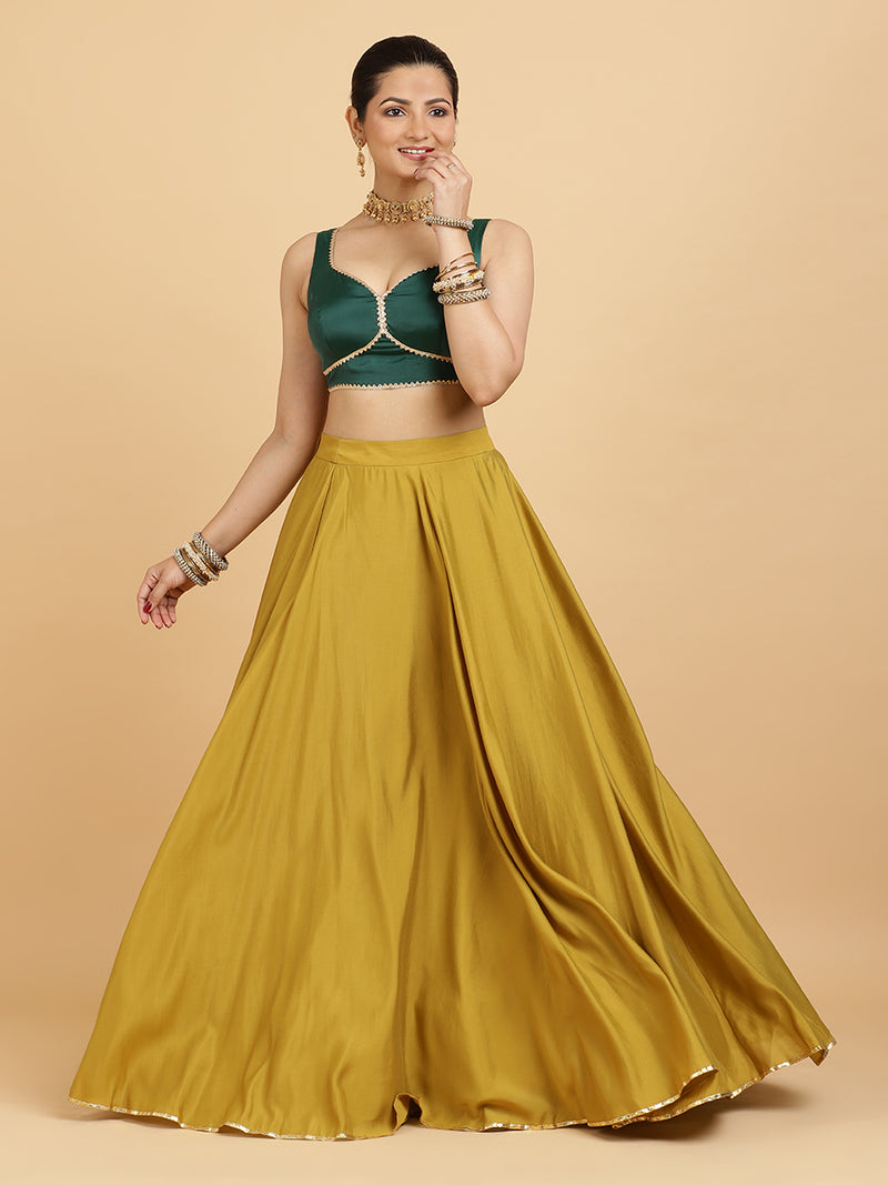 Jhalak Ishika 4-Pc Lehenga Set x Tyohaar | Mustard Lehenga, Bottle Green Blouse with Panna Emerald Green Dupatta and Cancan Skirt-Binks