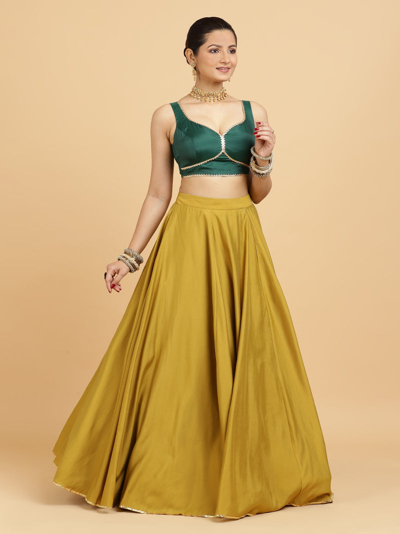 Jhalak Ishika 4-Pc Lehenga Set x Tyohaar | Mustard Lehenga, Bottle Green Blouse with Panna Emerald Green Dupatta and Cancan Skirt-Binks