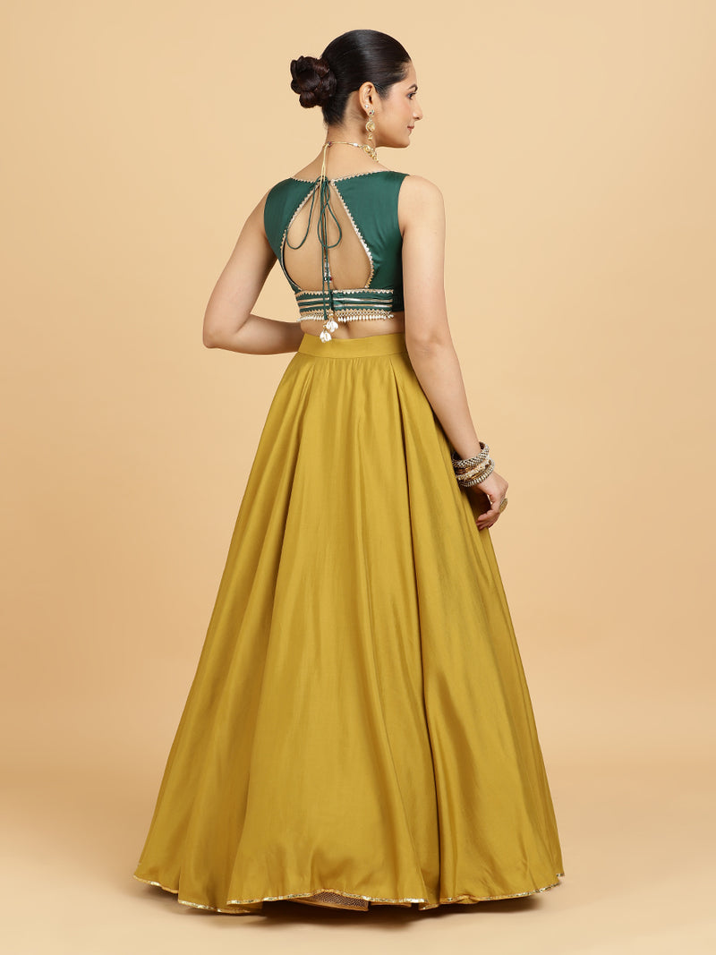 Jhalak Ishika 4-Pc Lehenga Set x Tyohaar | Mustard Lehenga, Bottle Green Blouse with Panna Emerald Green Dupatta and Cancan Skirt-Binks