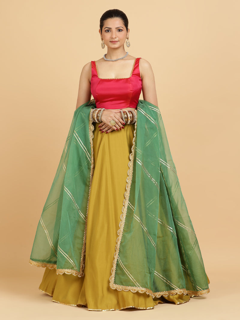 Jhalak Zeba 4-Pc Lehenga Set x Tyohaar | Mustard Lehenga, Rani Pink Blouse with Panna Emerald Green Dupatta and Cancan Skirt-Binks