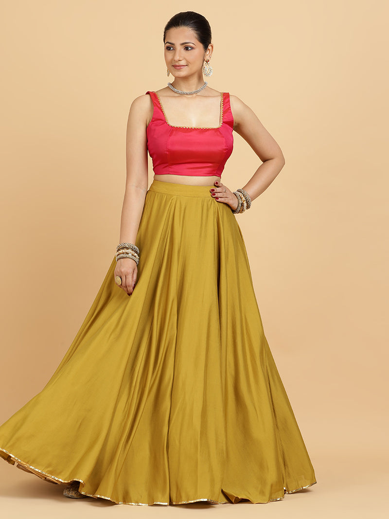 Jhalak Zeba 4-Pc Lehenga Set x Tyohaar | Mustard Lehenga, Rani Pink Blouse with Panna Emerald Green Dupatta and Cancan Skirt-Binks