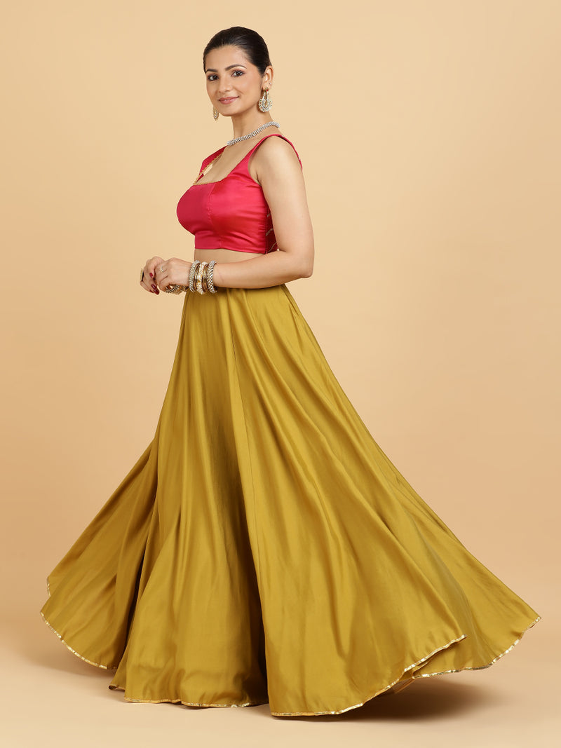 Jhalak Zeba 4-Pc Lehenga Set x Tyohaar | Mustard Lehenga, Rani Pink Blouse with Panna Emerald Green Dupatta and Cancan Skirt-Binks