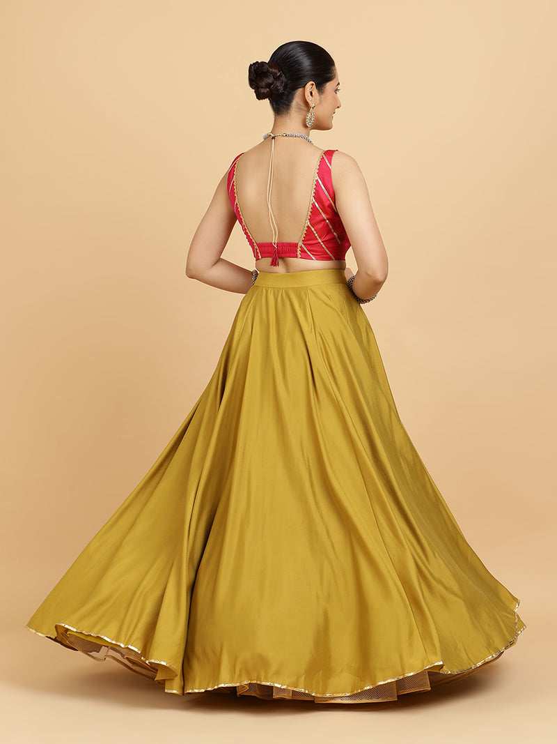Jhalak Zeba 4-Pc Lehenga Set x Tyohaar | Mustard Lehenga, Rani Pink Blouse with Panna Emerald Green Dupatta and Cancan Skirt-Binks
