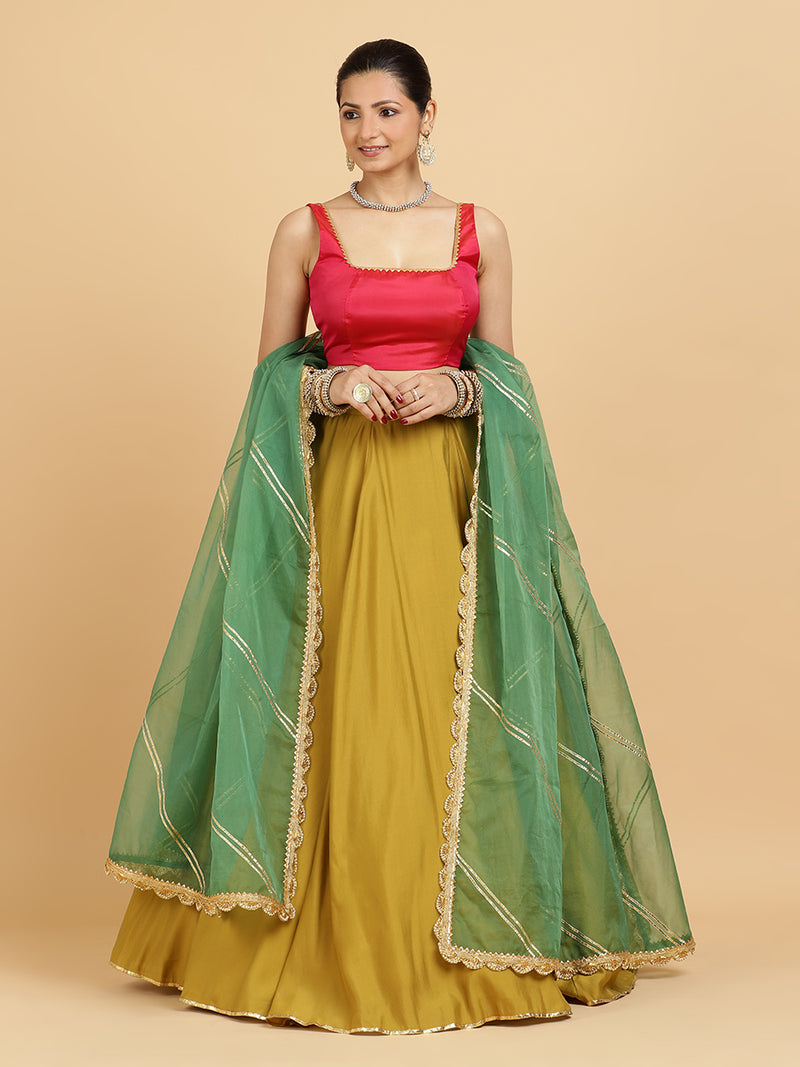 Jhalak Zeba 4-Pc Lehenga Set x Tyohaar | Mustard Lehenga, Rani Pink Blouse with Panna Emerald Green Dupatta and Cancan Skirt-Binks