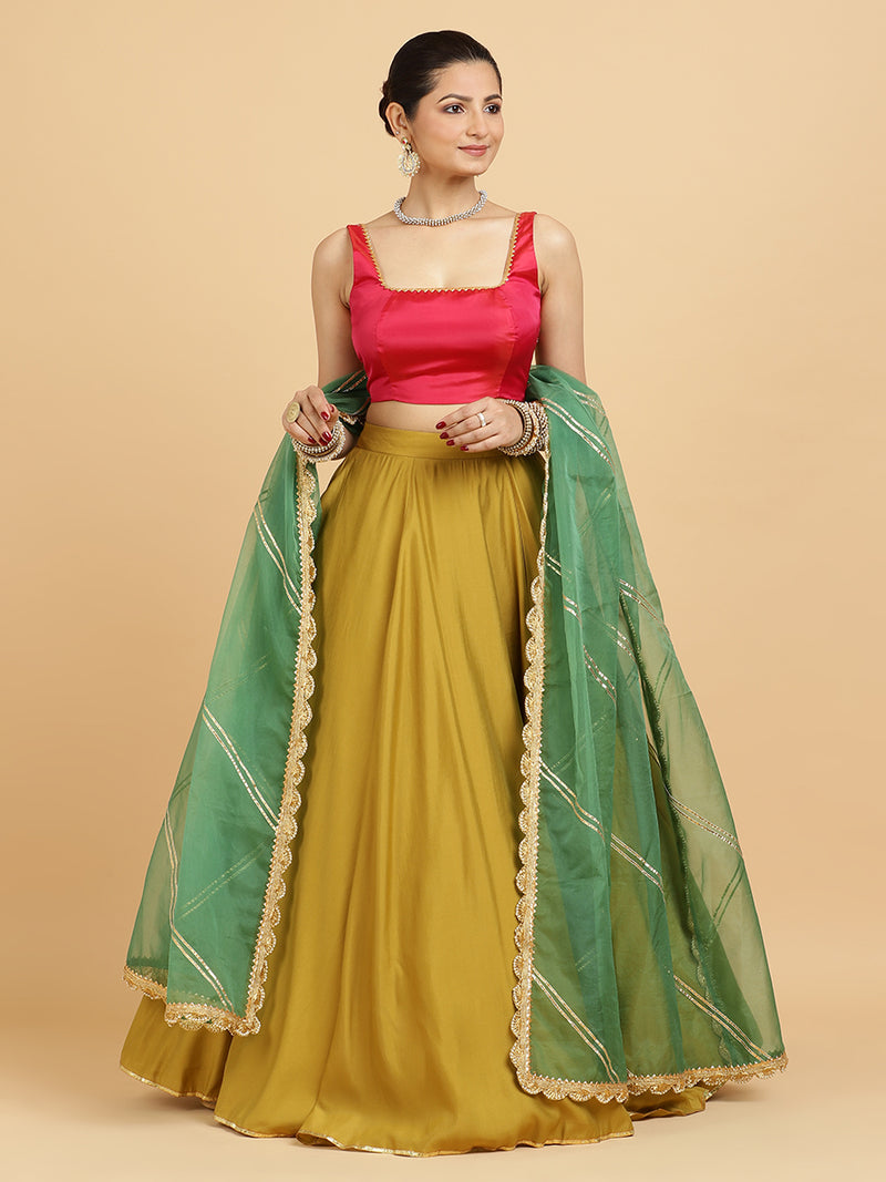 Jhalak Zeba 4-Pc Lehenga Set x Tyohaar | Mustard Lehenga, Rani Pink Blouse with Panna Emerald Green Dupatta and Cancan Skirt-Binks