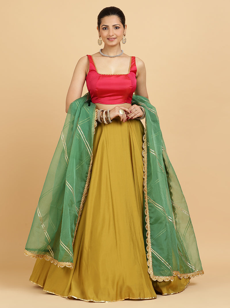 Jhalak Zeba 4-Pc Lehenga Set x Tyohaar | Mustard Lehenga, Rani Pink Blouse with Panna Emerald Green Dupatta and Cancan Skirt-Binks