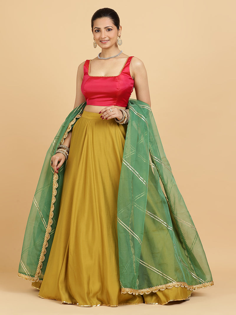 Jhalak Zeba 4-Pc Lehenga Set x Tyohaar | Mustard Lehenga, Rani Pink Blouse with Panna Emerald Green Dupatta and Cancan Skirt-Binks