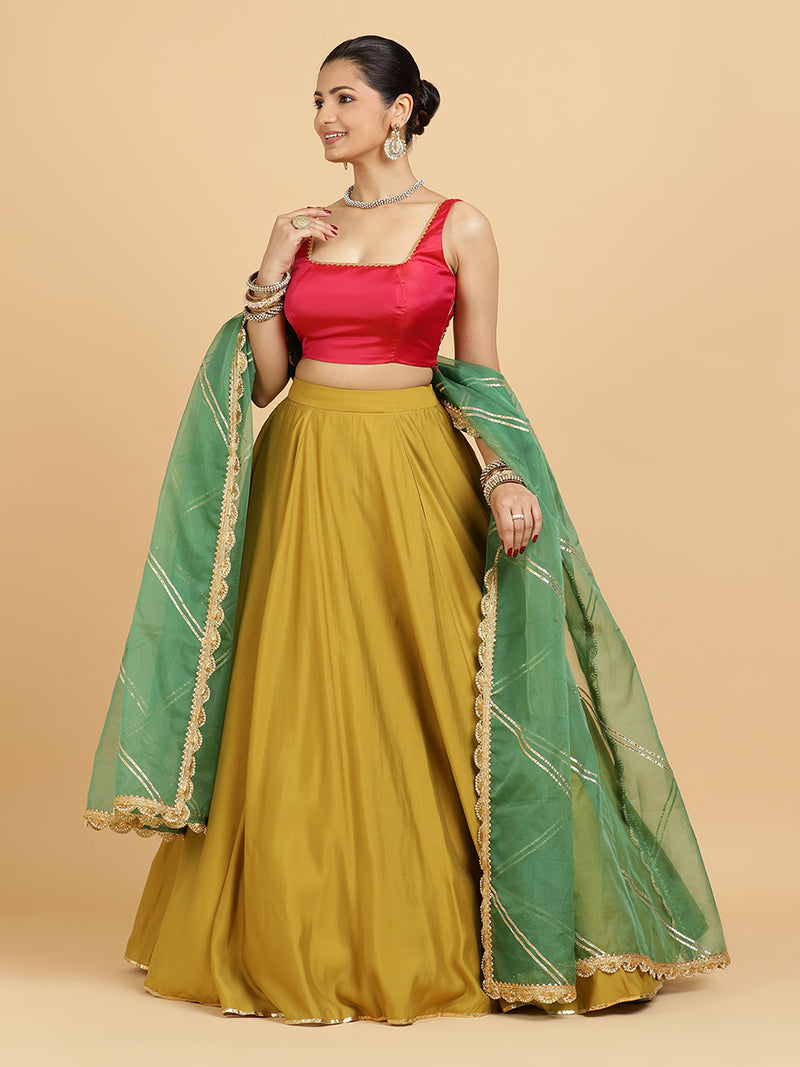 Jhalak Zeba 4-Pc Lehenga Set x Tyohaar | Mustard Lehenga, Rani Pink Blouse with Panna Emerald Green Dupatta and Cancan Skirt-Binks
