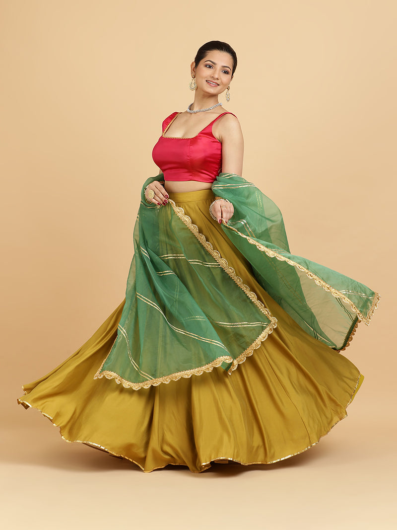 Jhalak Zeba 4-Pc Lehenga Set x Tyohaar | Mustard Lehenga, Rani Pink Blouse with Panna Emerald Green Dupatta and Cancan Skirt-Binks