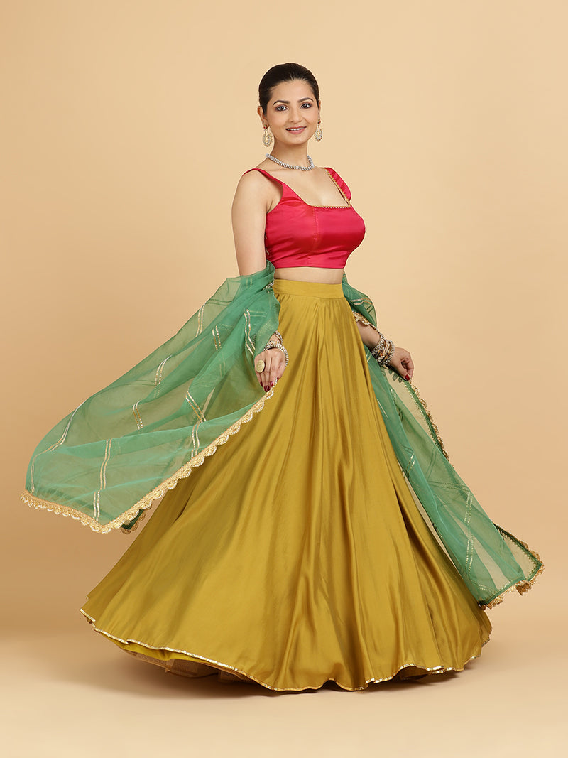 Jhalak Zeba 4-Pc Lehenga Set x Tyohaar | Mustard Lehenga, Rani Pink Blouse with Panna Emerald Green Dupatta and Cancan Skirt-Binks