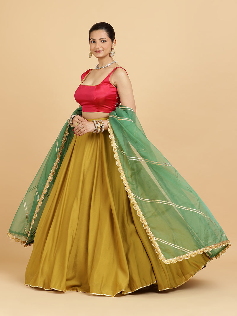 Jhalak Zeba 4-Pc Lehenga Set x Tyohaar | Mustard Lehenga, Rani Pink Blouse with Panna Emerald Green Dupatta and Cancan Skirt-Binks