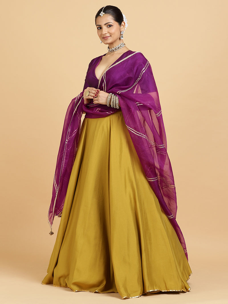 Jhalak Zeenat 4-Pc Lehenga Set x Tyohaar | Mustard Lehenga, Purple Blouse with Falak Purple Dupatta and Cancan Skirt-Binks