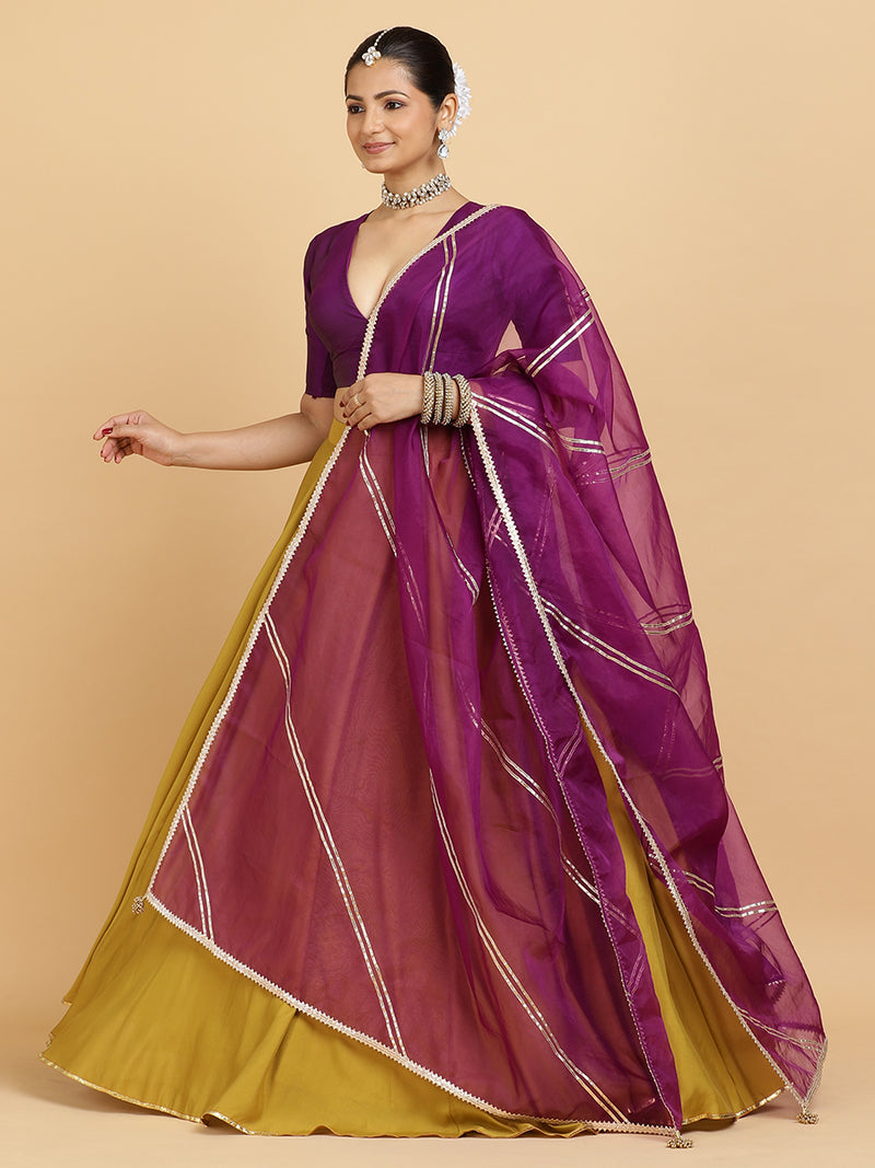 Jhalak Zeenat 4-Pc Lehenga Set x Tyohaar | Mustard Lehenga, Purple Blouse with Falak Purple Dupatta and Cancan Skirt-Binks