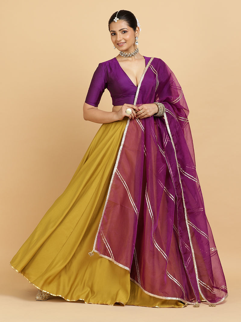 Jhalak Zeenat 4-Pc Lehenga Set x Tyohaar | Mustard Lehenga, Purple Blouse with Falak Purple Dupatta and Cancan Skirt-Binks