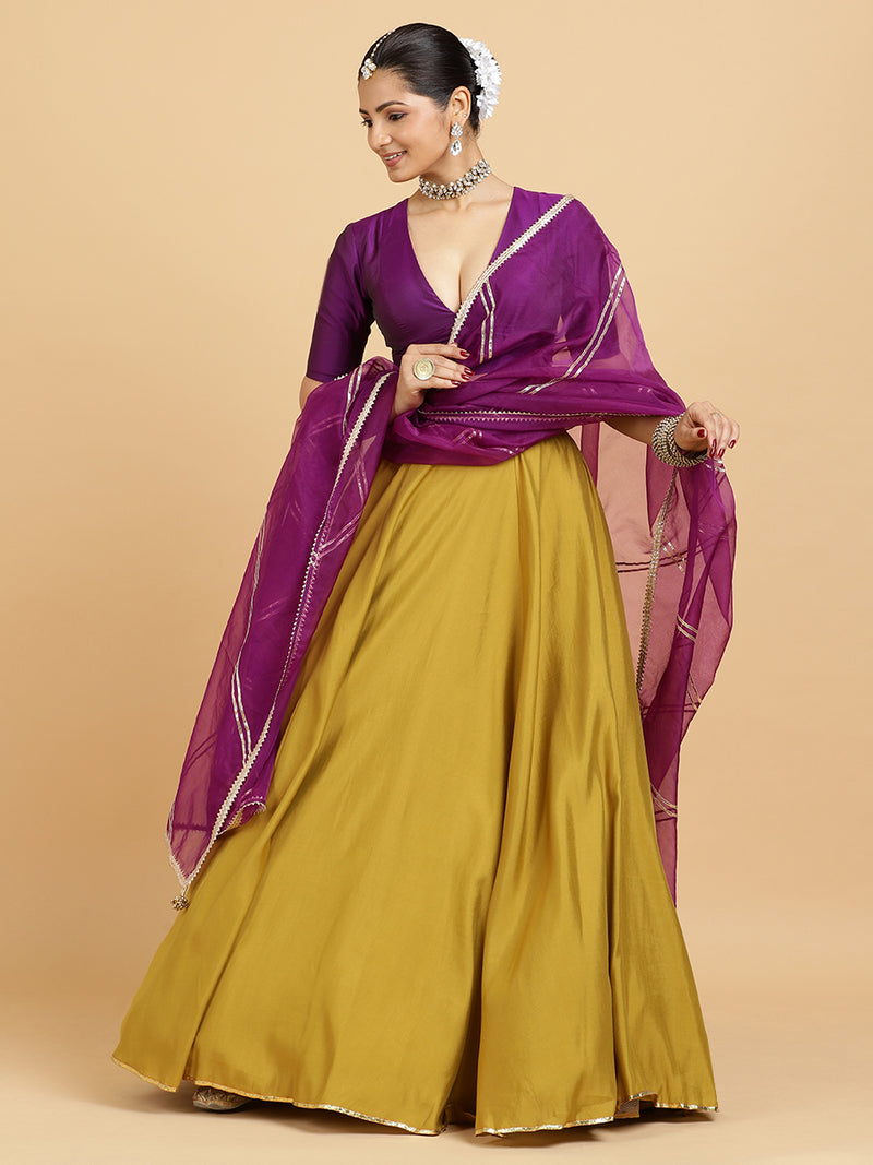 Jhalak Zeenat 4-Pc Lehenga Set x Tyohaar | Mustard Lehenga, Purple Blouse with Falak Purple Dupatta and Cancan Skirt-Binks