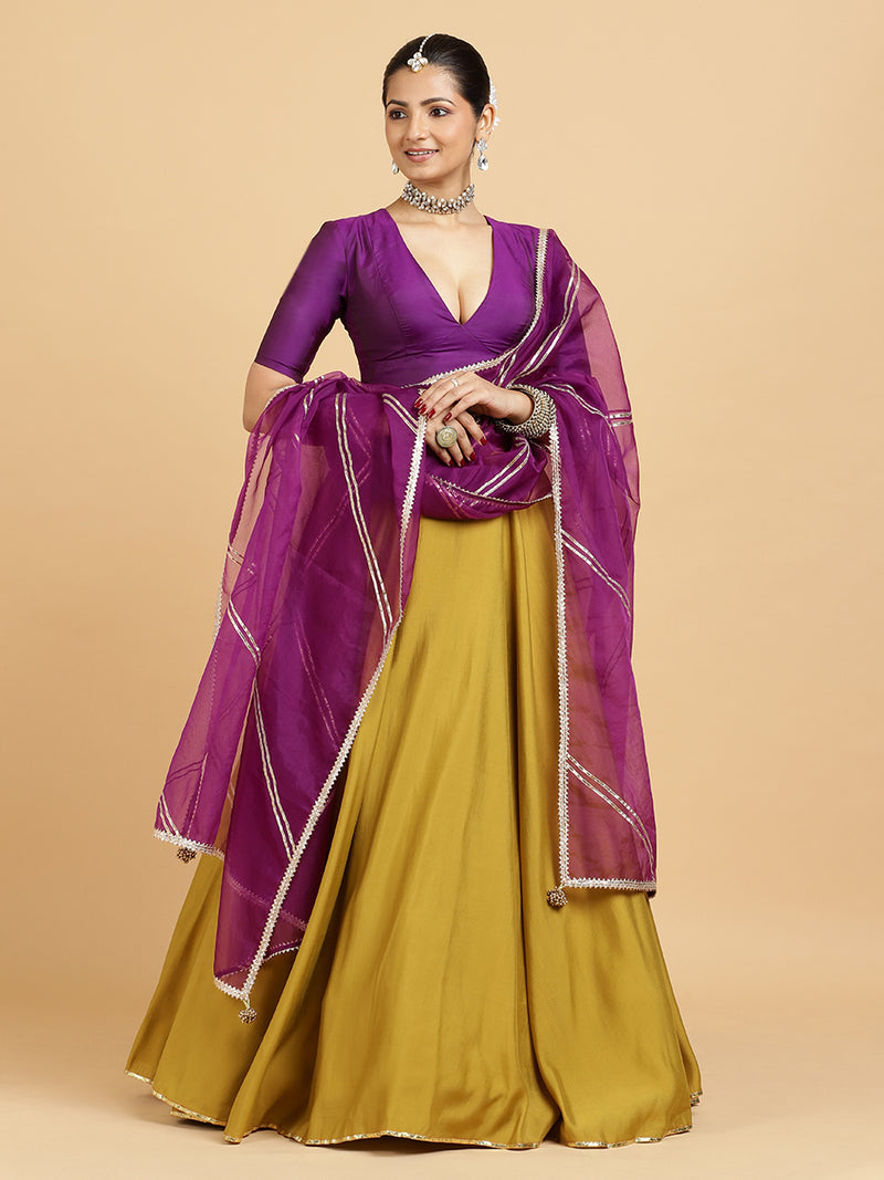 Jhalak Zeenat 4-Pc Lehenga Set x Tyohaar | Mustard Lehenga, Purple Blouse with Falak Purple Dupatta and Cancan Skirt-Binks