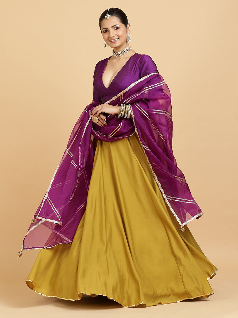 Jhalak Zeenat 4-Pc Lehenga Set x Tyohaar | Mustard Lehenga, Purple Blouse with Falak Purple Dupatta and Cancan Skirt-Binks